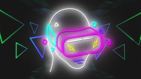 animación de triángulos de neón y modelo de cabeza en auriculares vr sobre fondo negro