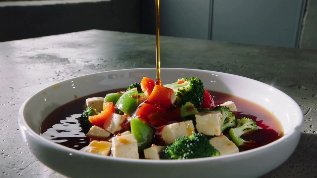 Pouring from thin sauce stream over white bowl on counter, dressing tofu, broccoli, bell peppers