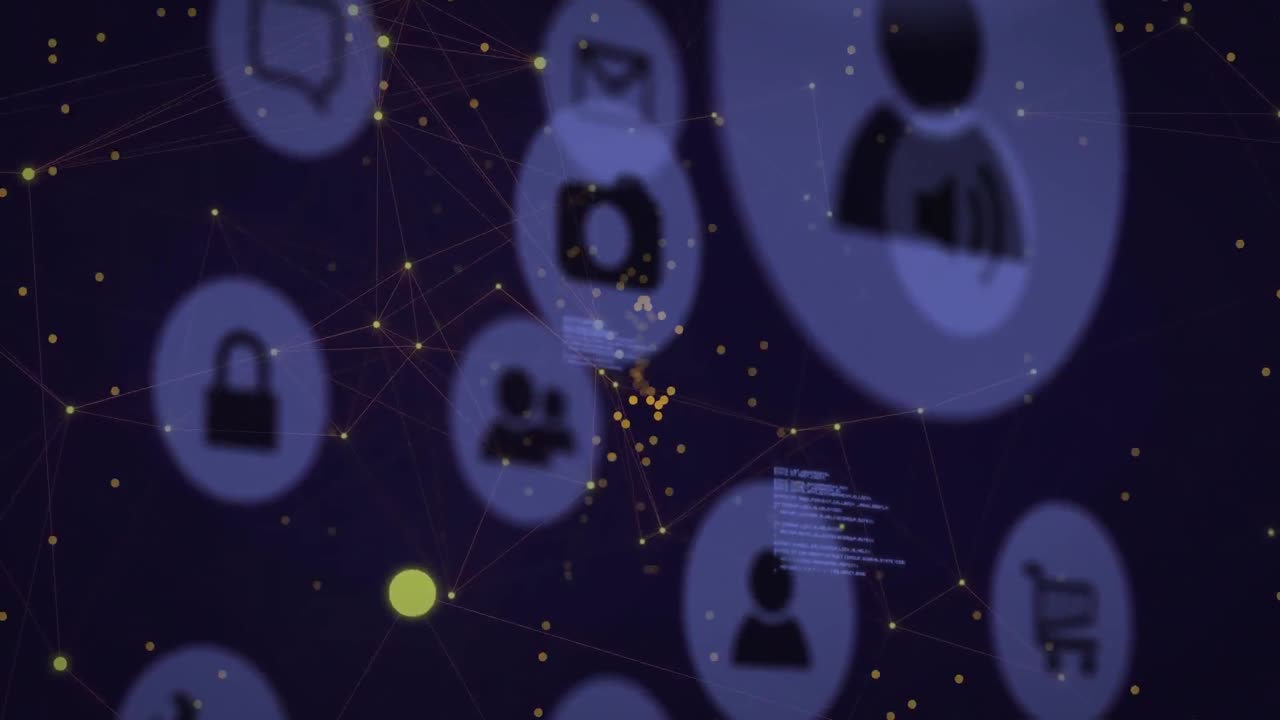 animación de iconos digitales y procesamiento de datos contra una red de conexiones sobre un fondo negro.