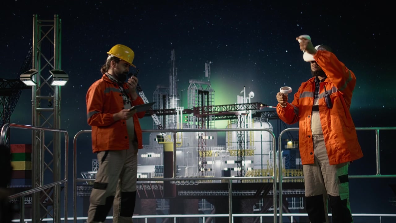 Brug af virtual reality, oliekrise-problemer og offshore platformingeniør.
