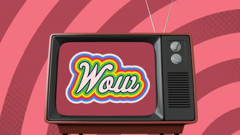 animation of retro wow rainbow text over vintage tv set and pink circular  stripes in the background