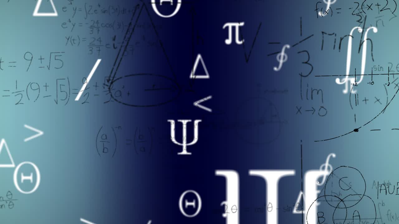 Animazione di simboli e equazioni matematiche su sfondo blu