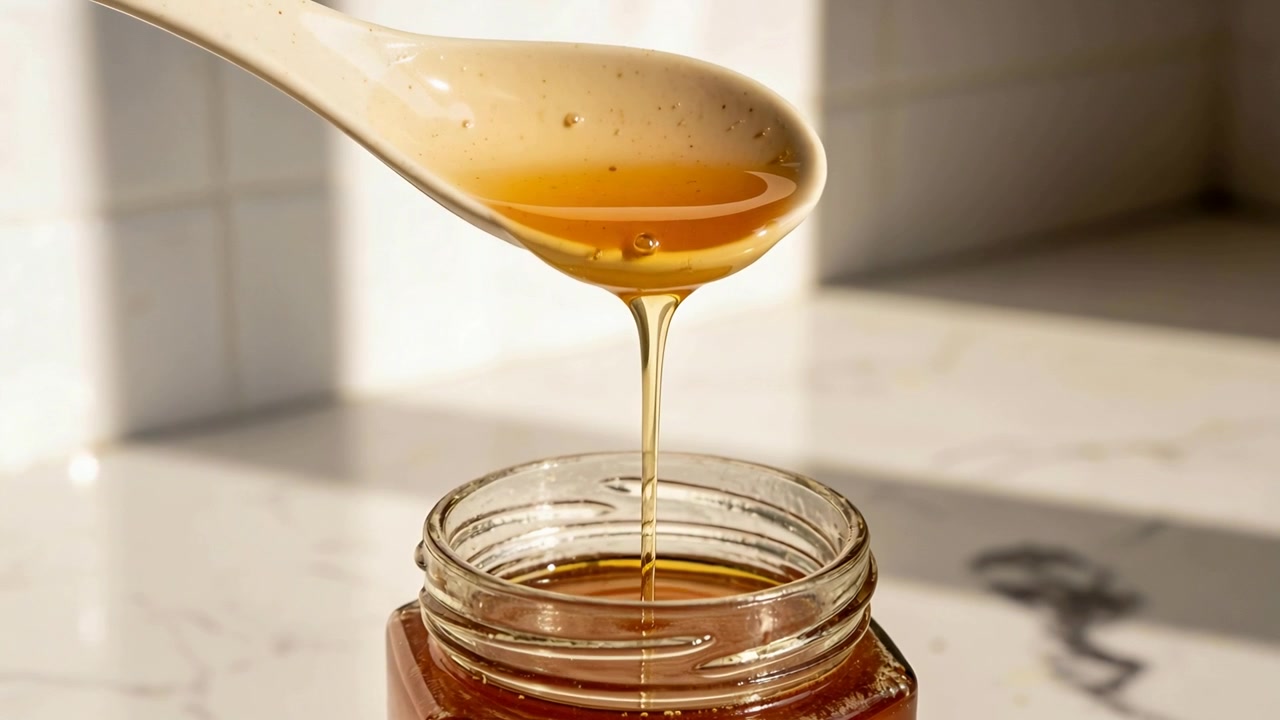 Sollevando un cucchiaio di ceramica, il miele si allunga sopra un barattolo di vetro aperto sul bancone, la luce del sole ne mostra le particelle