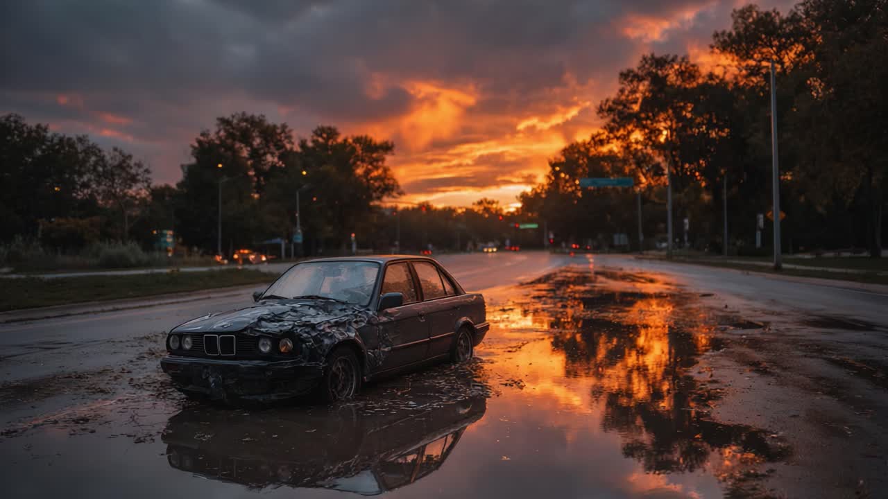 Abandoned Vehicle Reflected in the Glowing Sunset: A Haunting Contrast of Decay and Beauty on a Lonely Road