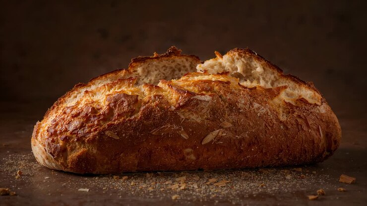 Camera pulling back and refocusing, revealing artisan loaf on dark tabletop, showcasing torn crumb