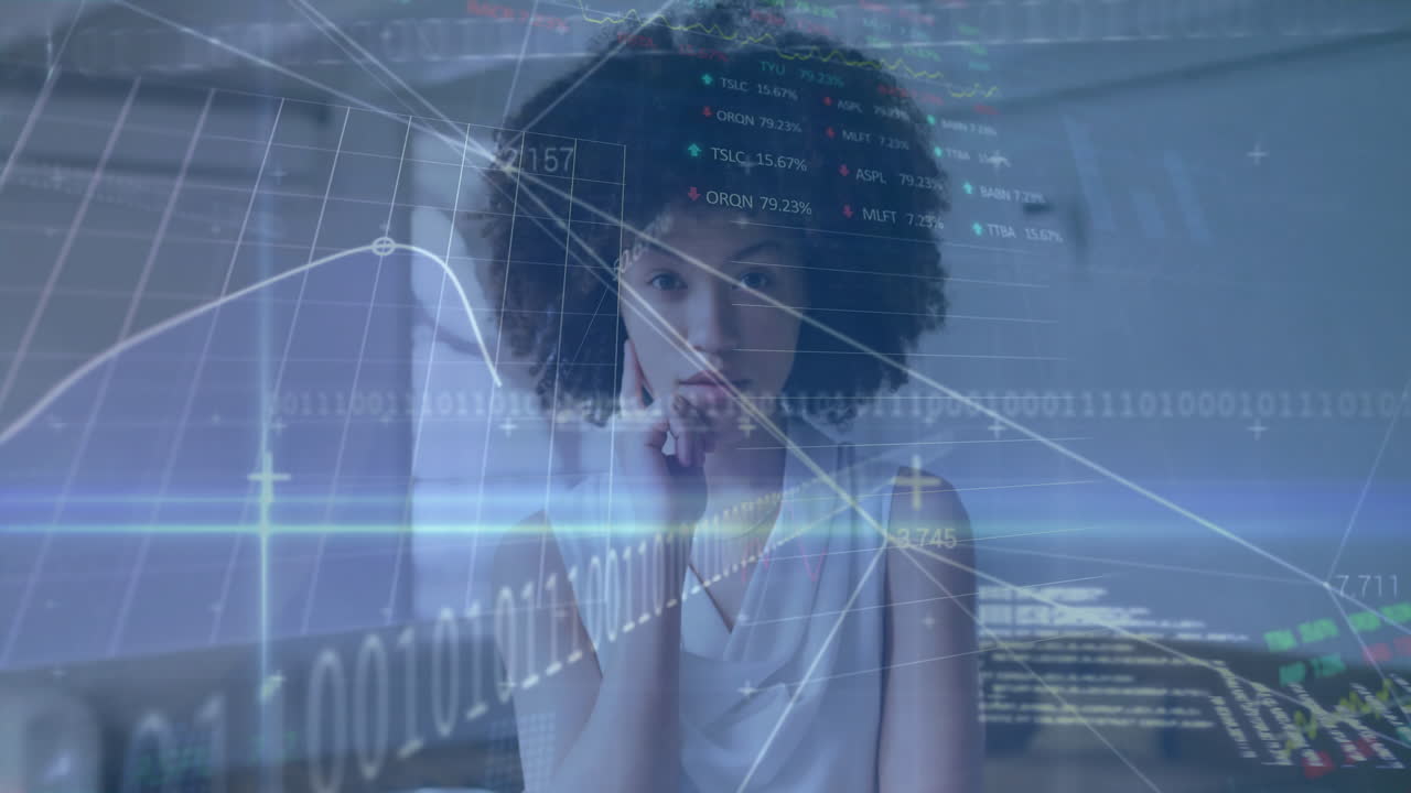 Analyzing financial data, businesswoman using graphs and animation of binary code