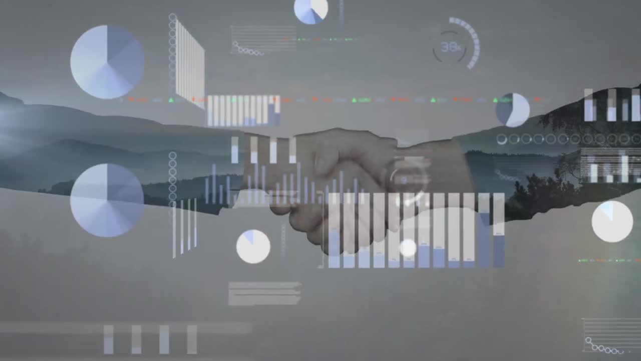 Animazione dell'elaborazione dati su persone caucasiche che si stringono la mano