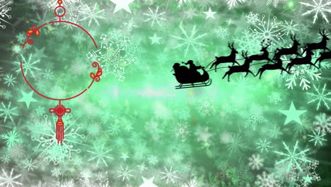animación de cazador de sueños rojo sobre copo de nieve y santa montando trineo contra un fondo abstracto.
