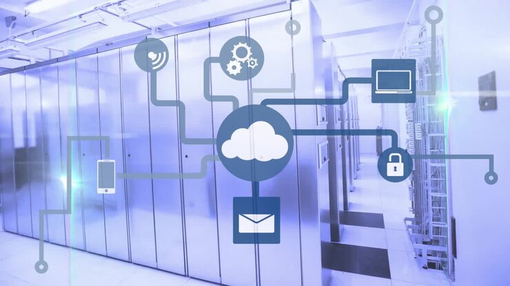 Animation of cloud icon with network of connections and data processing over computer servers