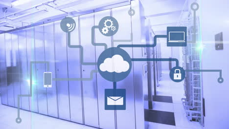 animation of cloud icon with network of connections and data processing over computer servers