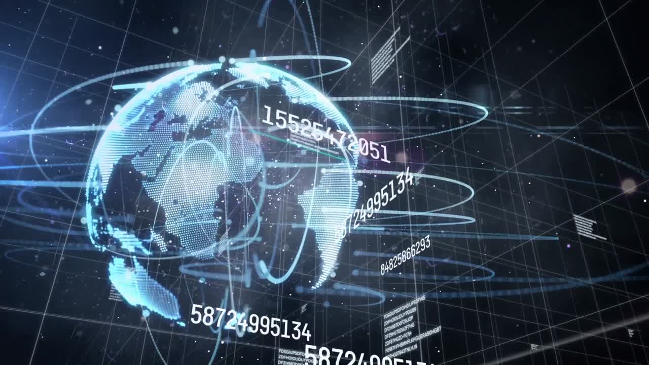 검은 바탕에 회전하는 지구 위의 빛의 흔적에 대항하여 변화하는 숫자의 디지털 애니메이션