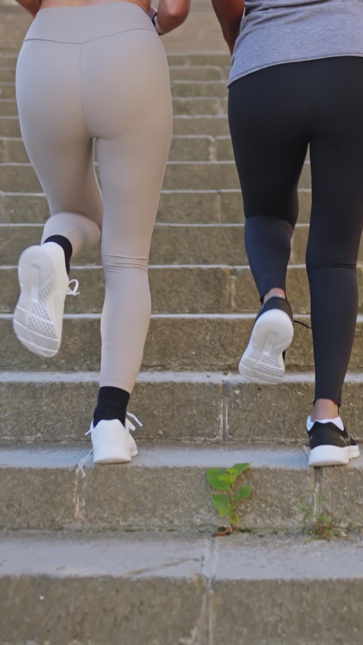 Two Women Walking Up Stone Stairs During an Outdoor Workout