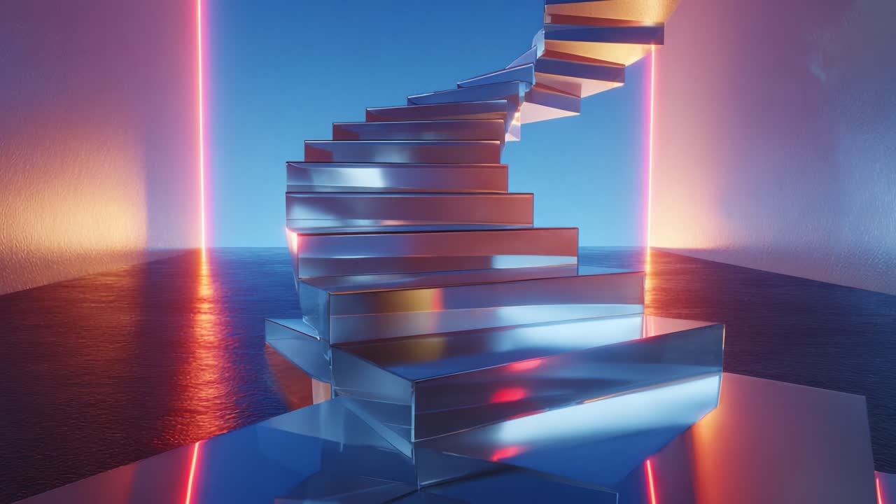 A Majestic Spiral Staircase in a Futuristic Setting Featuring Vibrant Neon Lights and Smooth Reflective Surfaces, Emanating an Artistic Aura That Captivates the Viewer with Its Striking Design and Depth