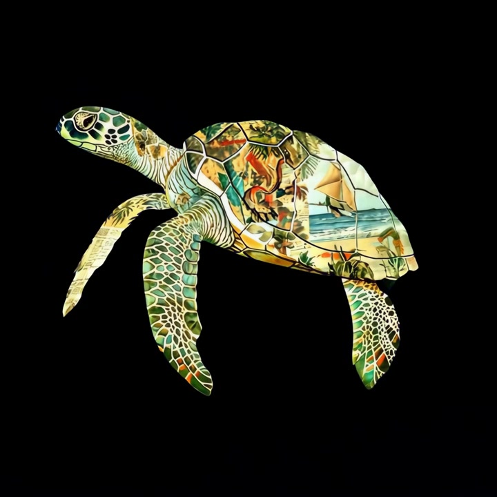 Artistic Collage of a Sea Turtle Swimming on Black Background