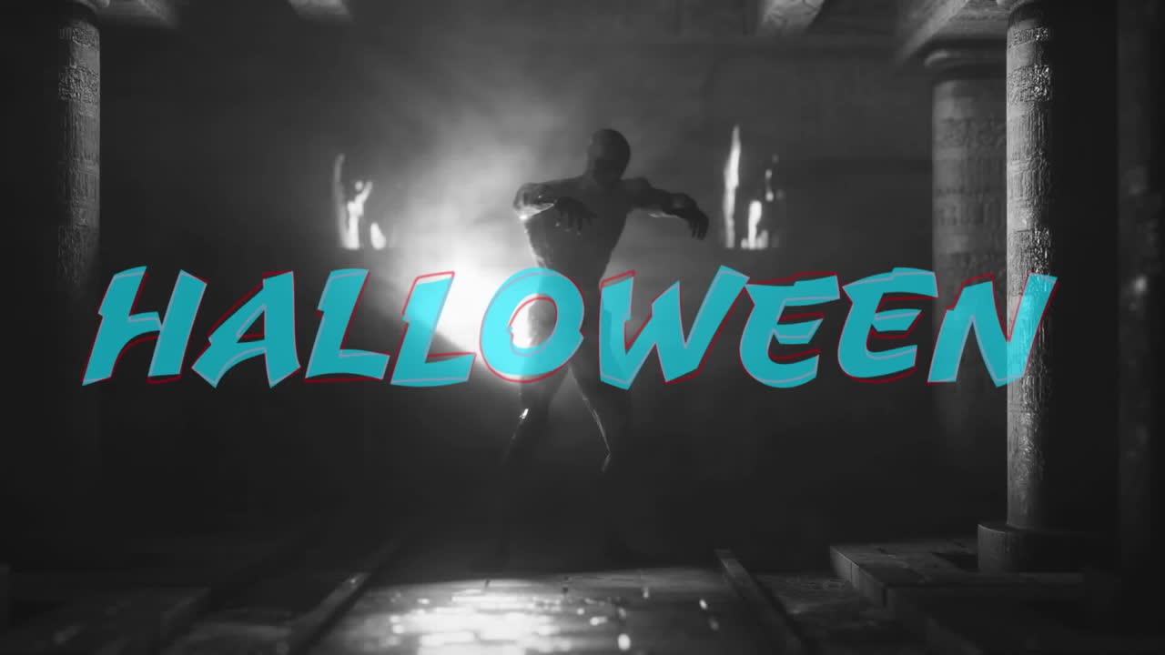 animación del texto de halloween sobre la caminata de zombis