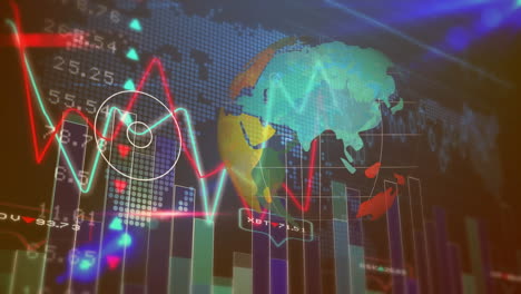 gráficos rojos y verdes con gráficos, globo terráqueo y procesamiento de datos en fondo oscuro