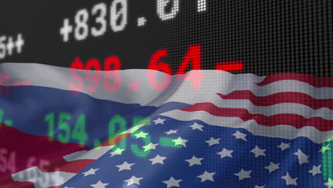 animación de procesamiento de datos financieros sobre la bandera de los estados unidos de américa y rusia