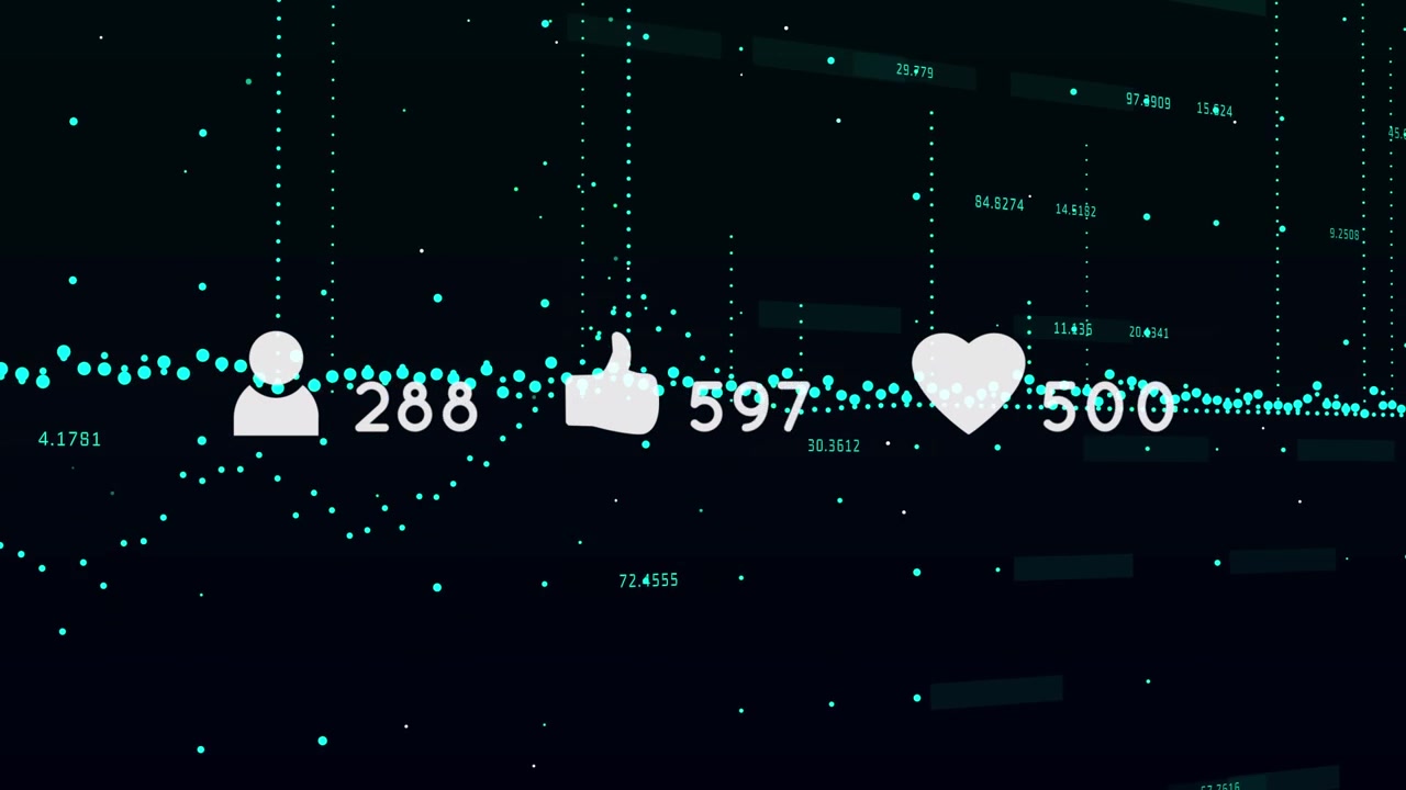 Animation of media icons and data processing on black background