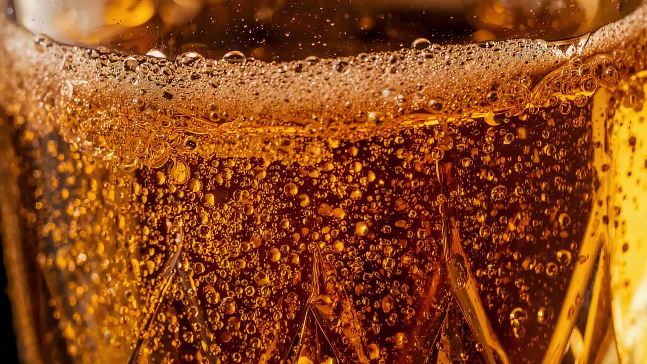 Nucleating carbonation bubbles on cut glass forming stream and foam ring at bar, showing amber glow
