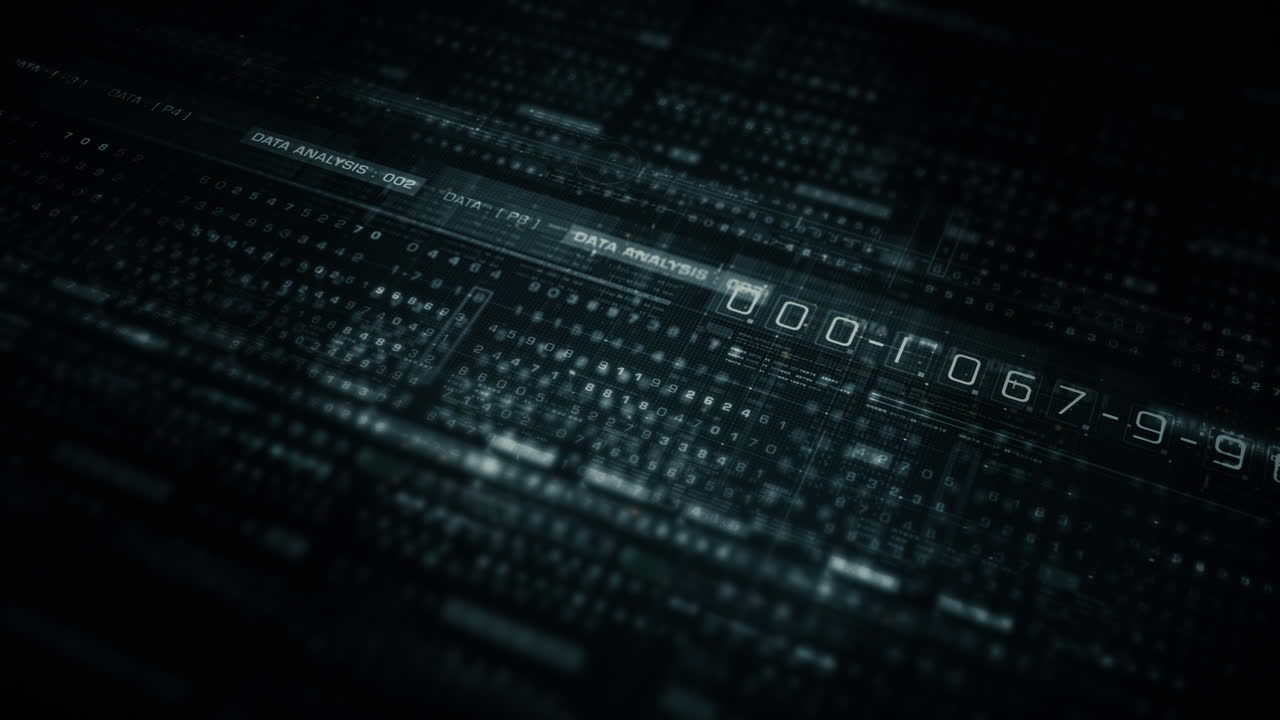 Advance data matrix, telemetry and encrypt numbers simulation user interface display in cyber space abstract de-focus environment background