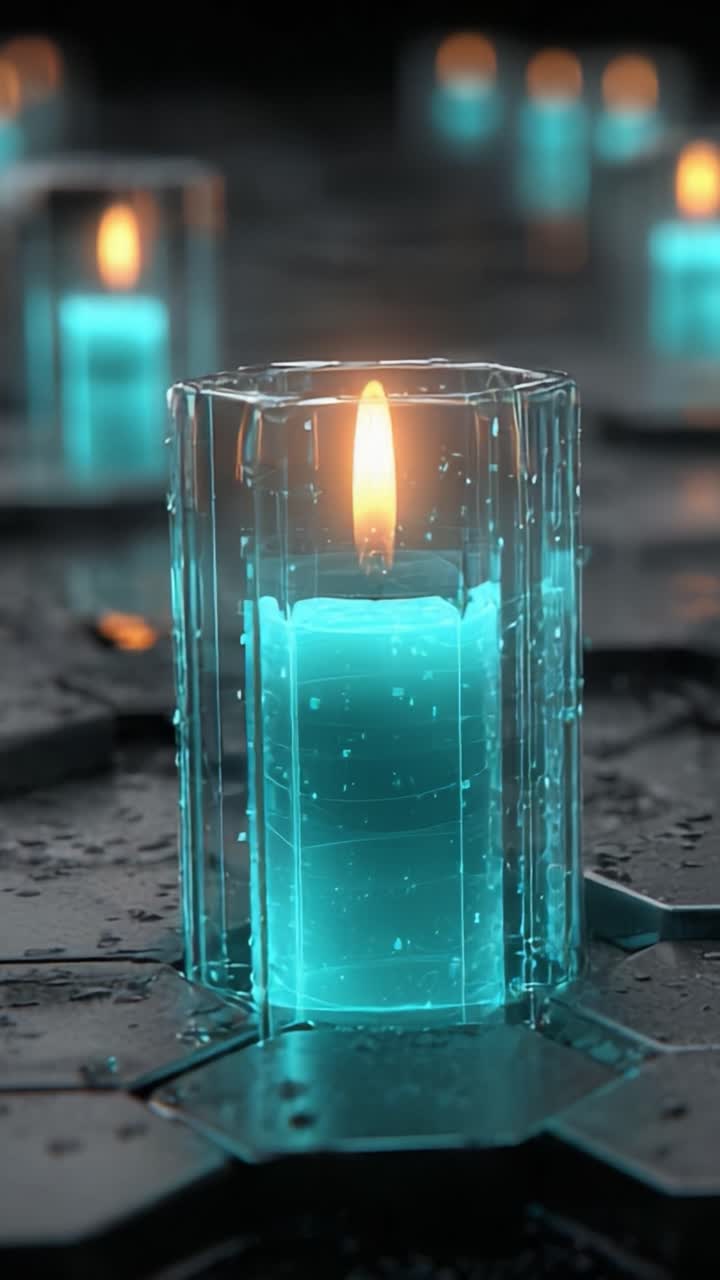 Uma exibição fascinante de velas verde-água brilhantes cercadas por gotas de água, mostrando um ambiente sereno e encantador com sua iluminação suave e elegância translúcida