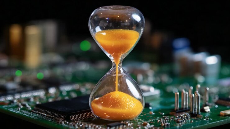 A close-up view of an hourglass placed on a circuit board, showcasing the flowing orange sand, symbolizing the passage of time intertwined with technology and the ever-evolving nature of progress