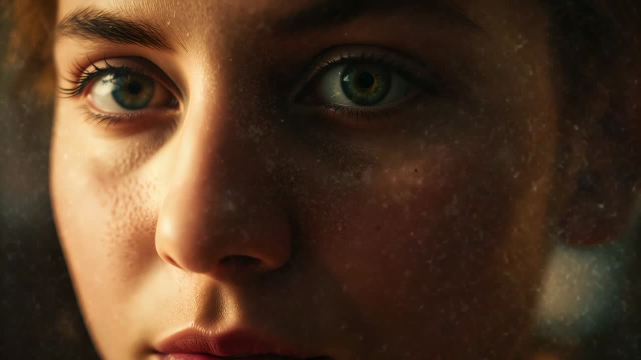 Recording capturing teen female subject staying motionless and blinking in softly lit interior