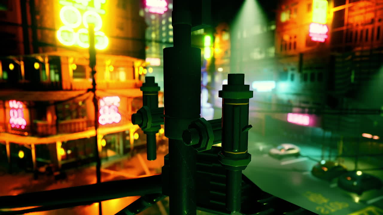 Vibrant urban night view showcasing neon lights and a busy street atmosphere