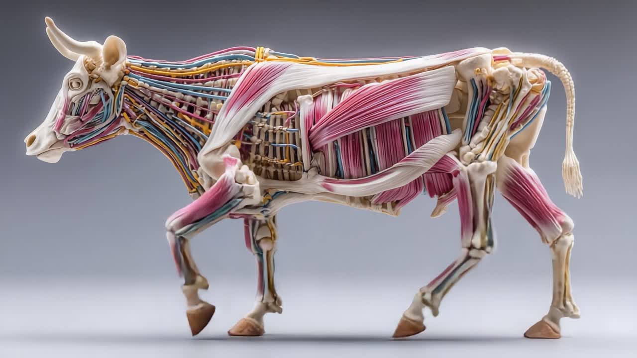 Anatomisk studie af en ko, der viser detaljeret muskulatur og skeletstruktur i en realistisk model, der fremviser de indviklede biologiske detaljer i kvæganatomien