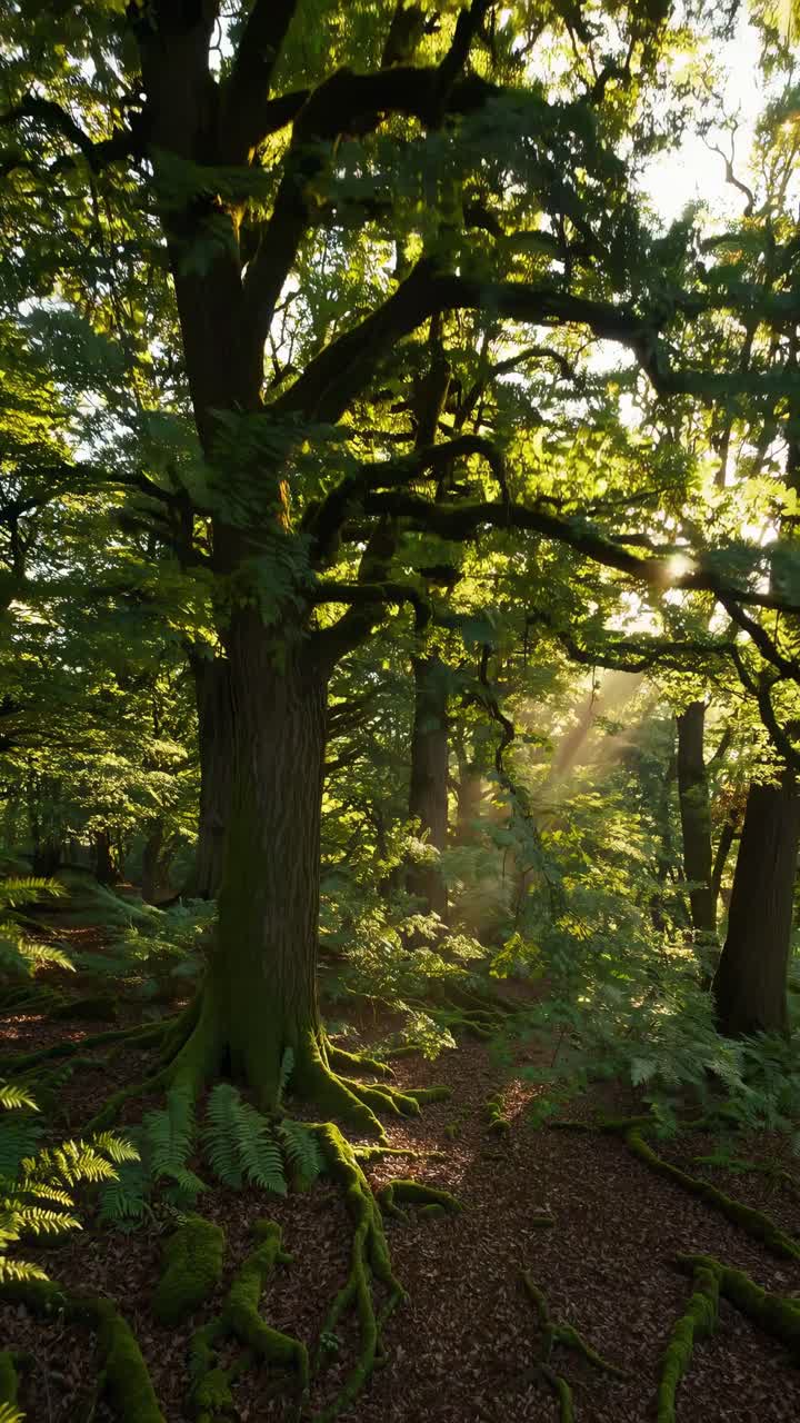 Sunlit forest scene captured from a low angle, highlighting tall trees and lush greenery
