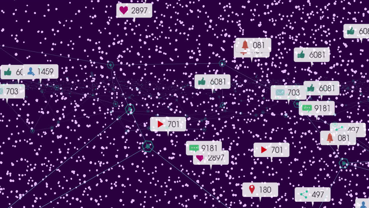Animation of social media icons connected by lines on starry purple background