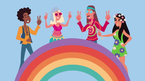 group of hippiesand rainbow characters