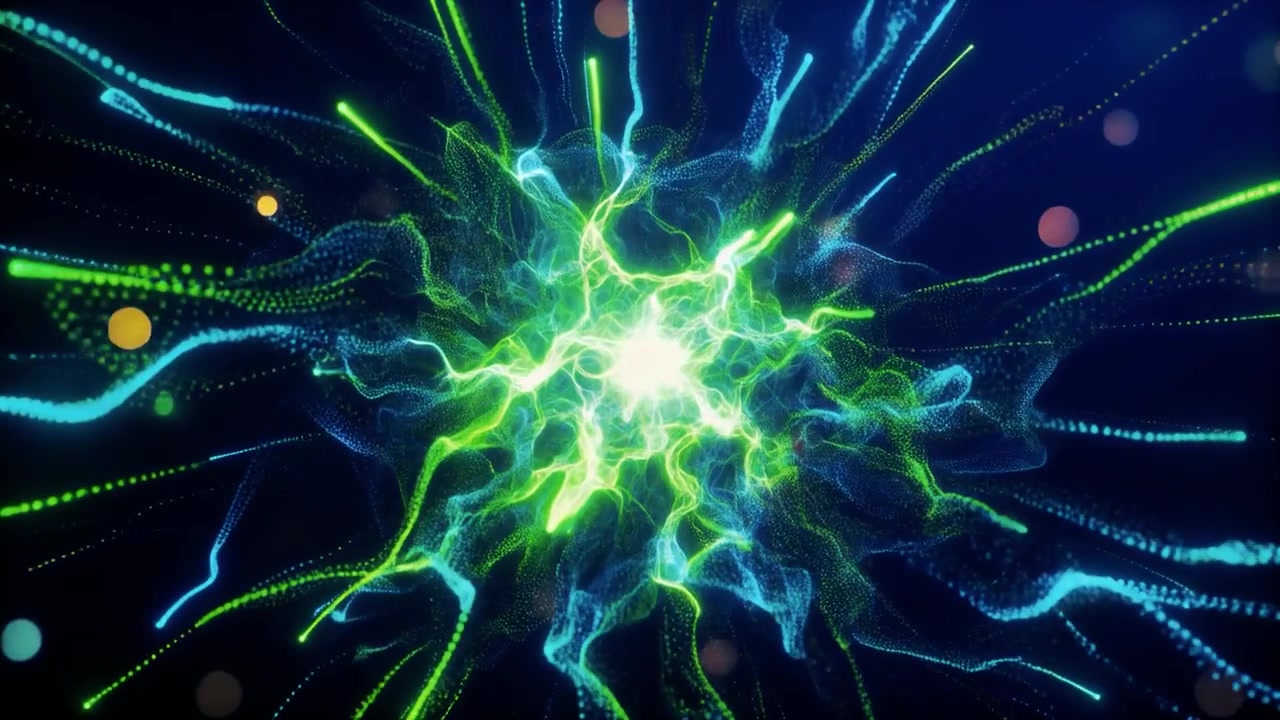 Abstract Glowing Green and Blue Particle Energy Explosion