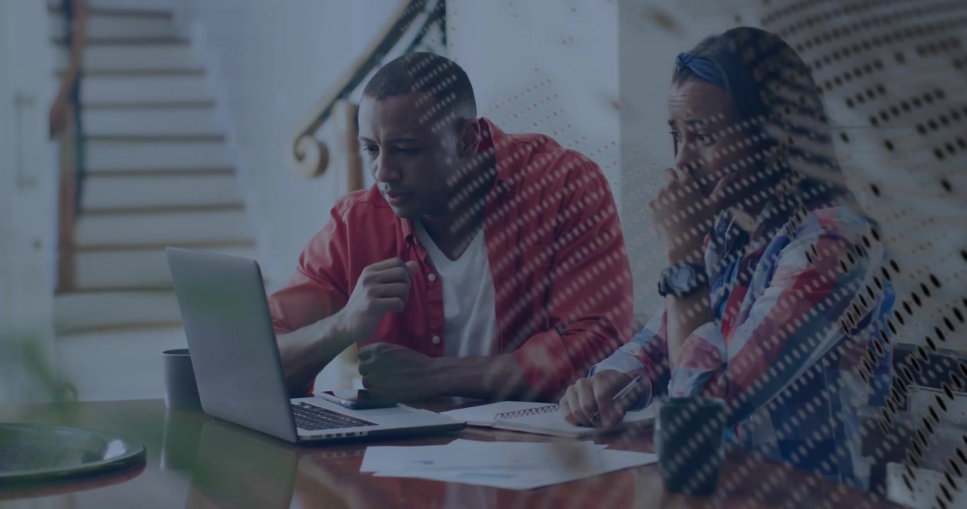 Couple at table, man tapping laptop, counting bills and reviewing finance, overlay moving in front