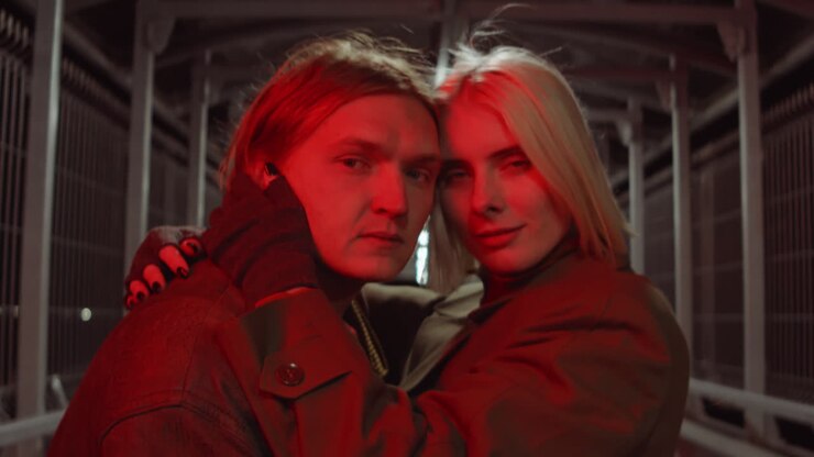 Portrait of Loving Couple in Red Light
