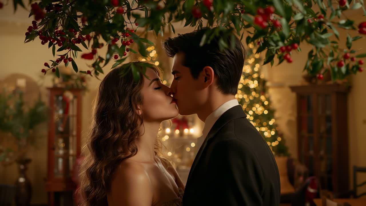 Leaning couple prompted by holiday tradition, kissing beneath holly sprig at home, Christmas tree