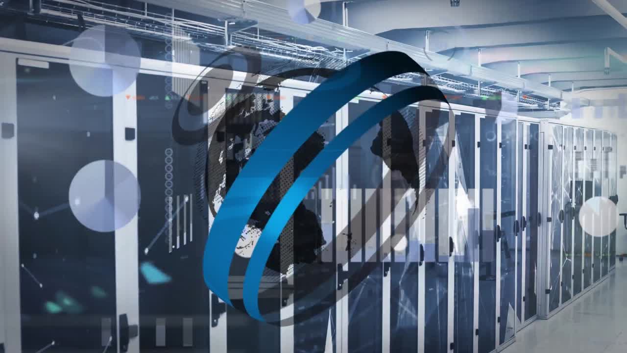 전 세계와 데이터 처리를 통해 컴퓨터 서버를 통해 범위 스캔의 애니메이션