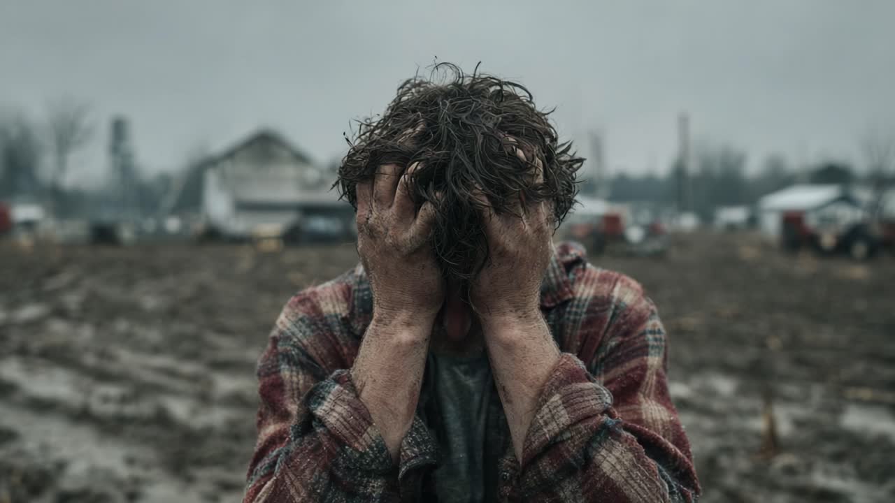 A Somber Reflection: A Man's Struggle with Despair and Uncertainty Amidst a Muddy, Dreary Landscape Representing Hardship and Emotional Turmoil