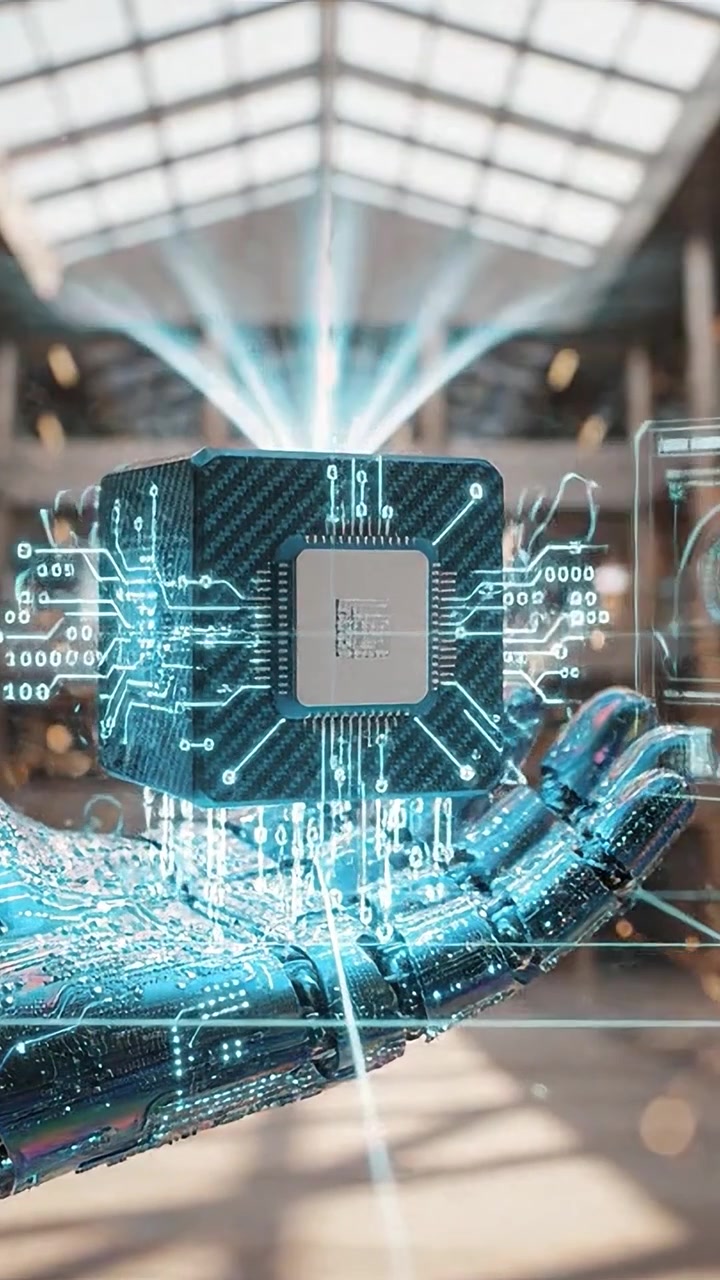 A high-tech robotic hand holds a futuristic computer chip, showcasing advanced technology and artificial intelligence in an industrial setting with dramatic architecture.