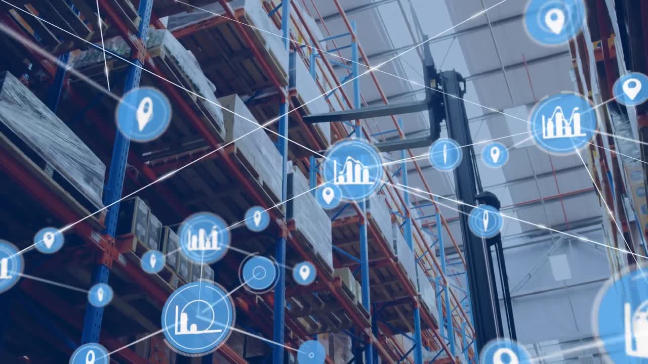 animación de la red de conexiones con iconos sobre el almacén en segundo plano