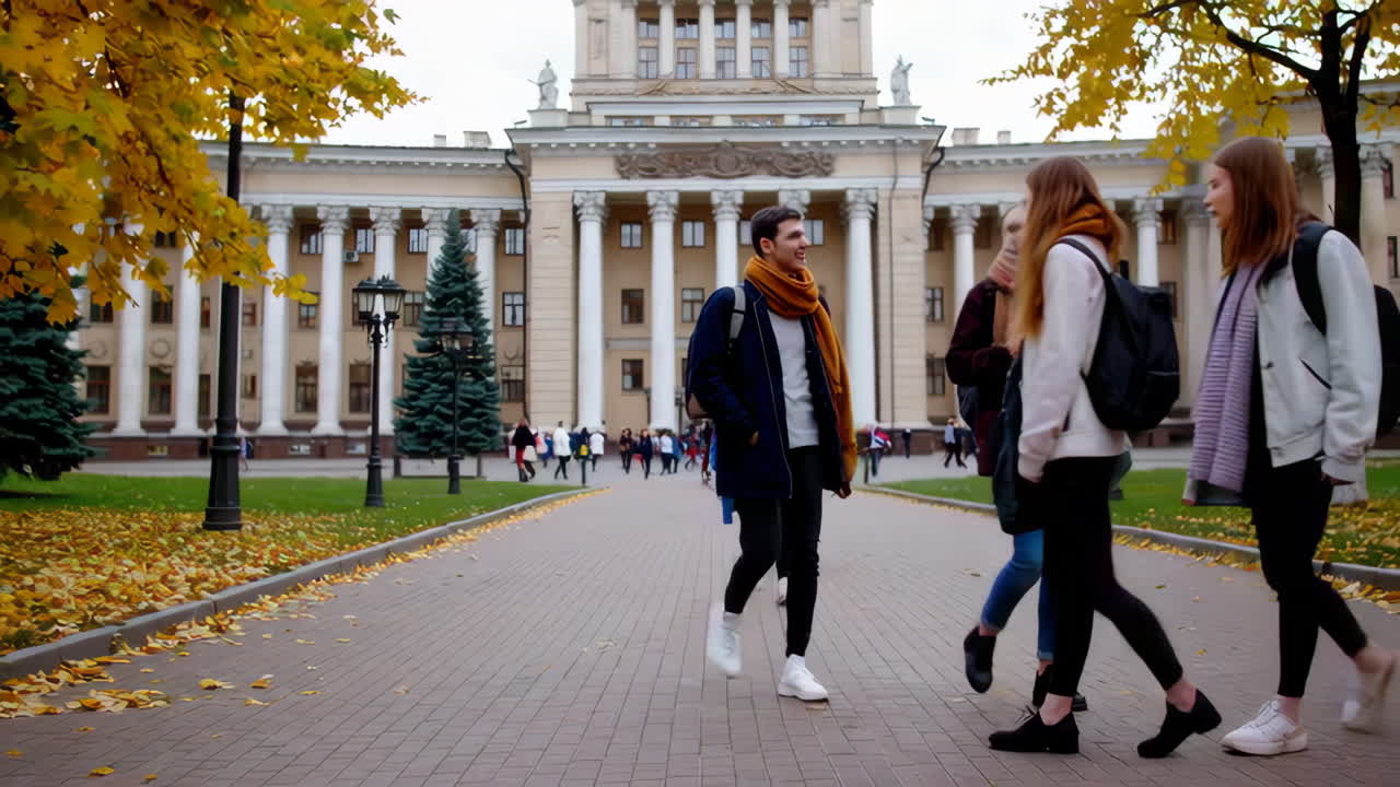 Students walking on a university campus in autumn