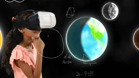 ecuaciones matemáticas y sistema solar flotando contra la chica usando auriculares vr
