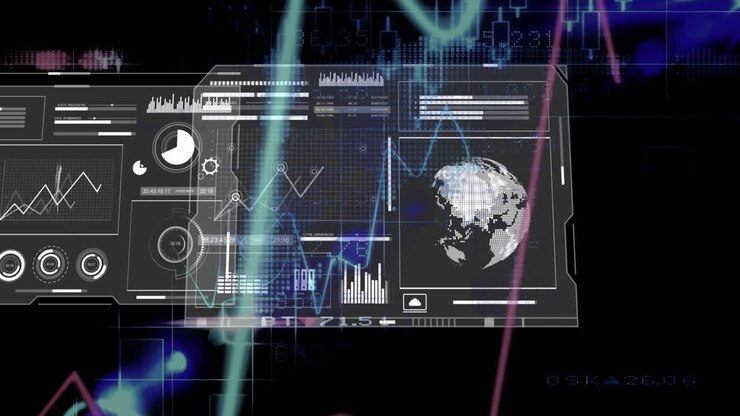 Animation of financial data processing with world map and globe over black background