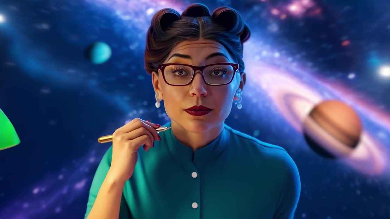 Thoughtful Woman Writing at Desk with Cosmic Galaxy Background