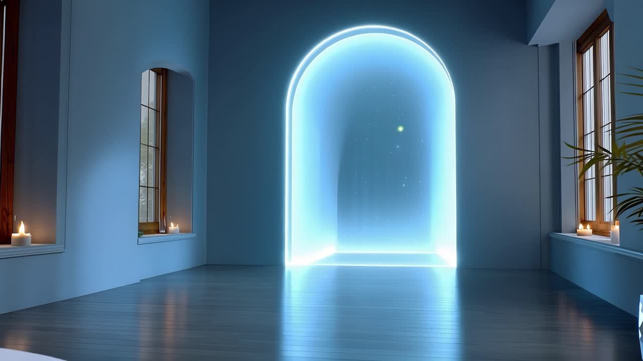 Minimalist interior bathed in soft blue glow. Circular platform holds elegant floral arrangement. Subtle warm light traces the base, creating a gentle ambiance