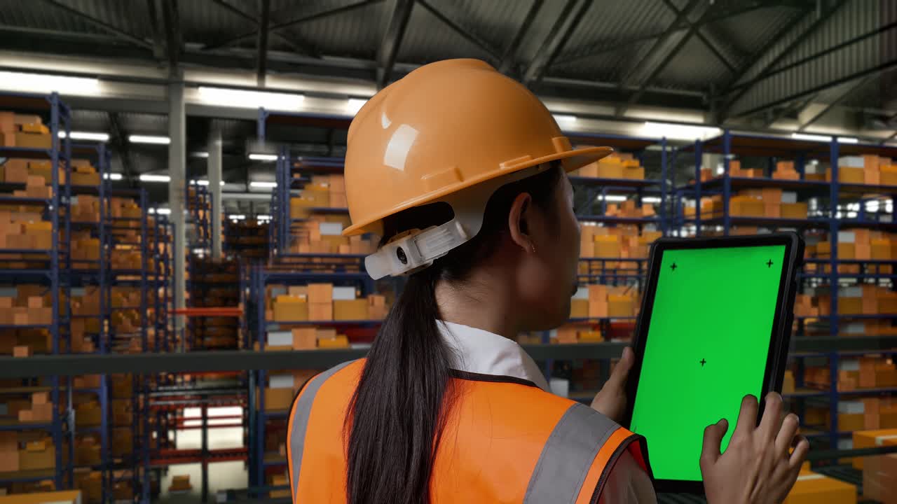 Close Up Back View Of Asian Female Engineer With Safety Helmet Standing In The Warehouse With Shelves Full Of Delivery Goods. Using Green Screen Tablet And Looking Around The Storage