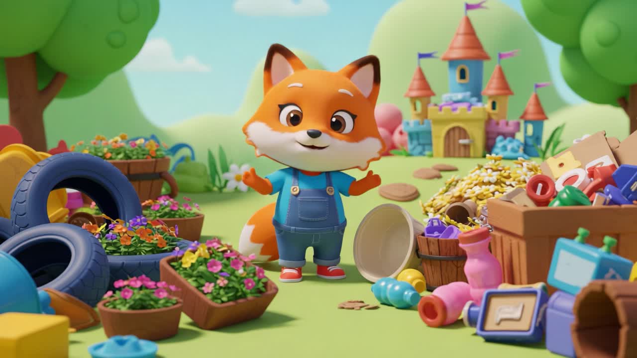 A playful fox character joyfully explores a vibrant, colorful landscape filled with toys, flowers, and a whimsical castle in a charming animated scene