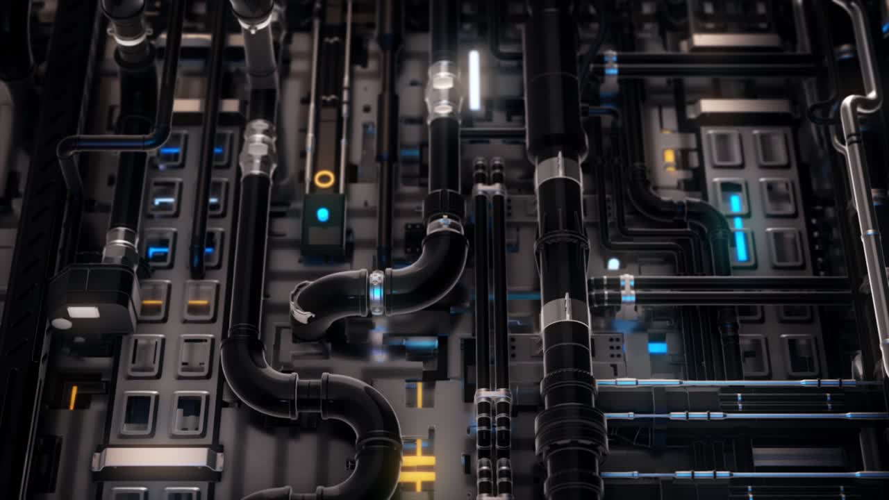 Camera moving over the maze of clean pipes tangled together, seamless loop. Animation. Technological background with tubes and glowing narrow lamps.