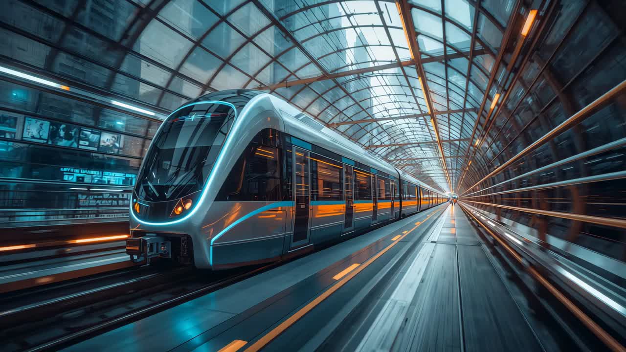 Departing scheduled commuter train moving through glass-steel tunnel, with streaking reflections