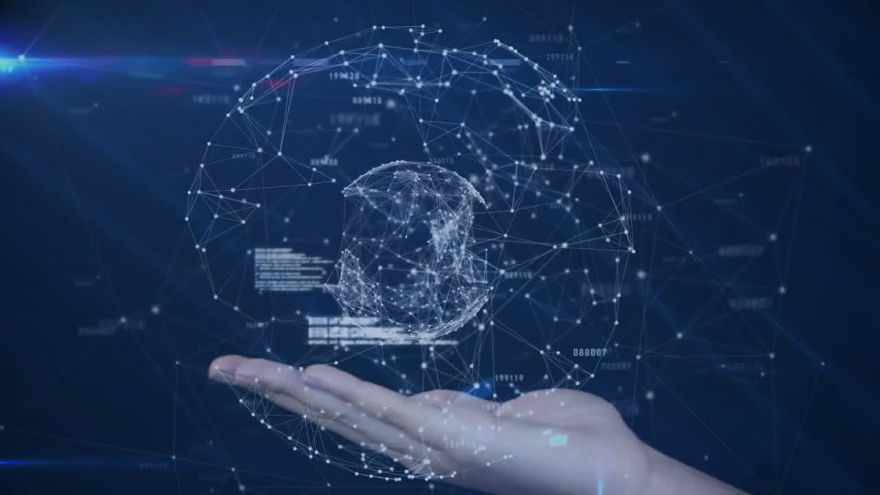 Animation of globe of connections on hand over data processing on blue background